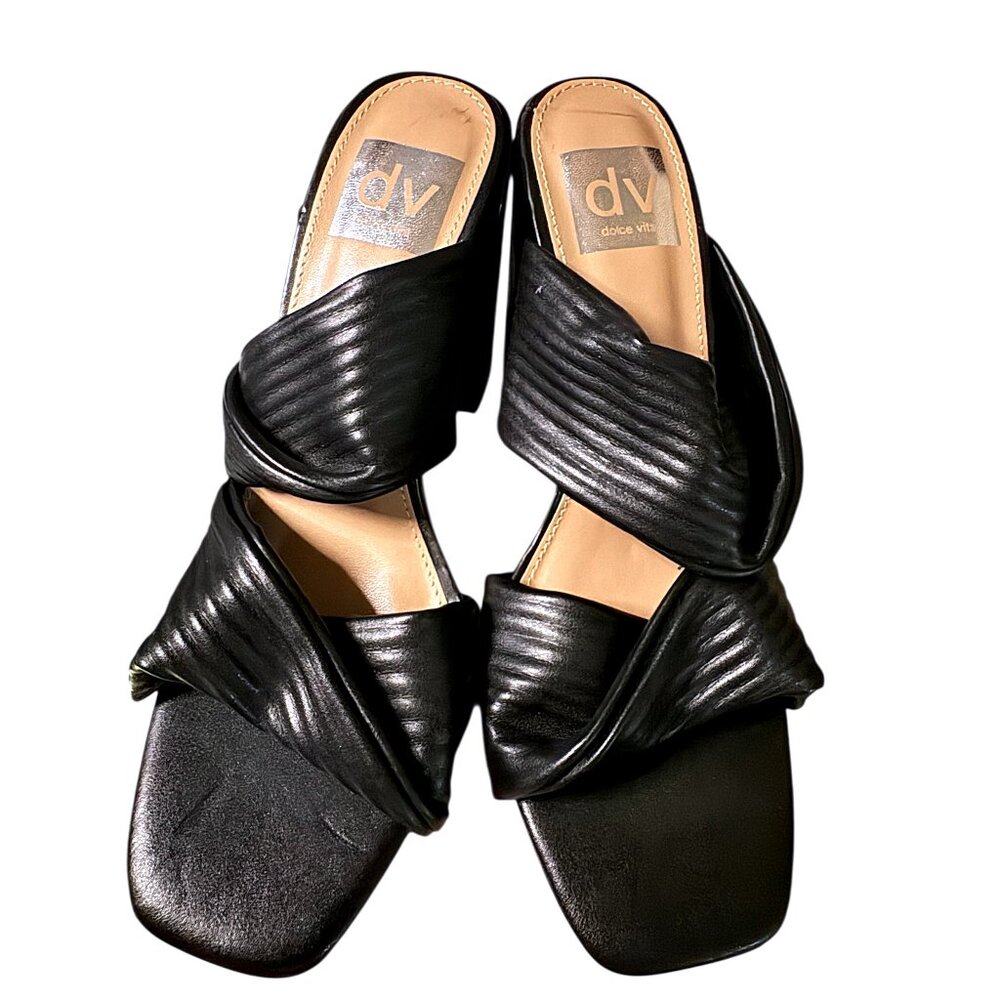 DV Dolce Vita Emeley Black Leather Ruched Square Toe Block Heel Mules Womens 6.5